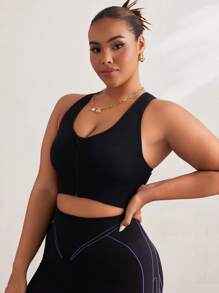 Easithlete Top Esportivo Sólido Elástico e Confortável com Recorte Vazado Nas Costas para Mulheres Plus Size - Preto - Visão 5