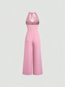 SHEIN Unity Bộ đồ liền thân rộng rãi in họa tiết sọc đơn giản cài nút phía trước dành cho nữ - Hồng - Xem 2