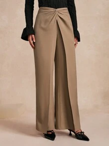 Almamuse سروال كاجوال نسائي بتصميم تويست-عقدة ذو لون أحادي وساق مستقيمة أنيقة - كاكي - مشاهدة 6