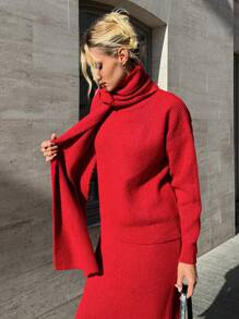 EURMUSE 女士秋冬套装：纯色落肩长袖毛衣、针织中裙和围巾、休闲装 - 紅色 - 查看 2