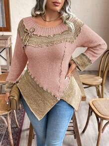 SHEIN LUNE Pullover in Große Größen mit Kontrastfarben-Patchwork und asymmetrischem Saum für Herbst/Winter