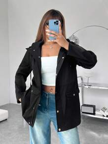 SHEIN EZwear Plus Size Women Long Sleeve Solid Color Pocket Casual Loose Hooded Jacket, Autumn - Black - View 1