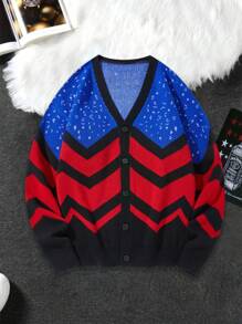 Manfinity Hypemode Men's Autumn Black And Red Wave Striped Long Sleeve Cardigan,Single Breasted Loose Casual Streetwear Holiday Chunky Stripe Oversize Color Block Gifts - Multicolor - View 1