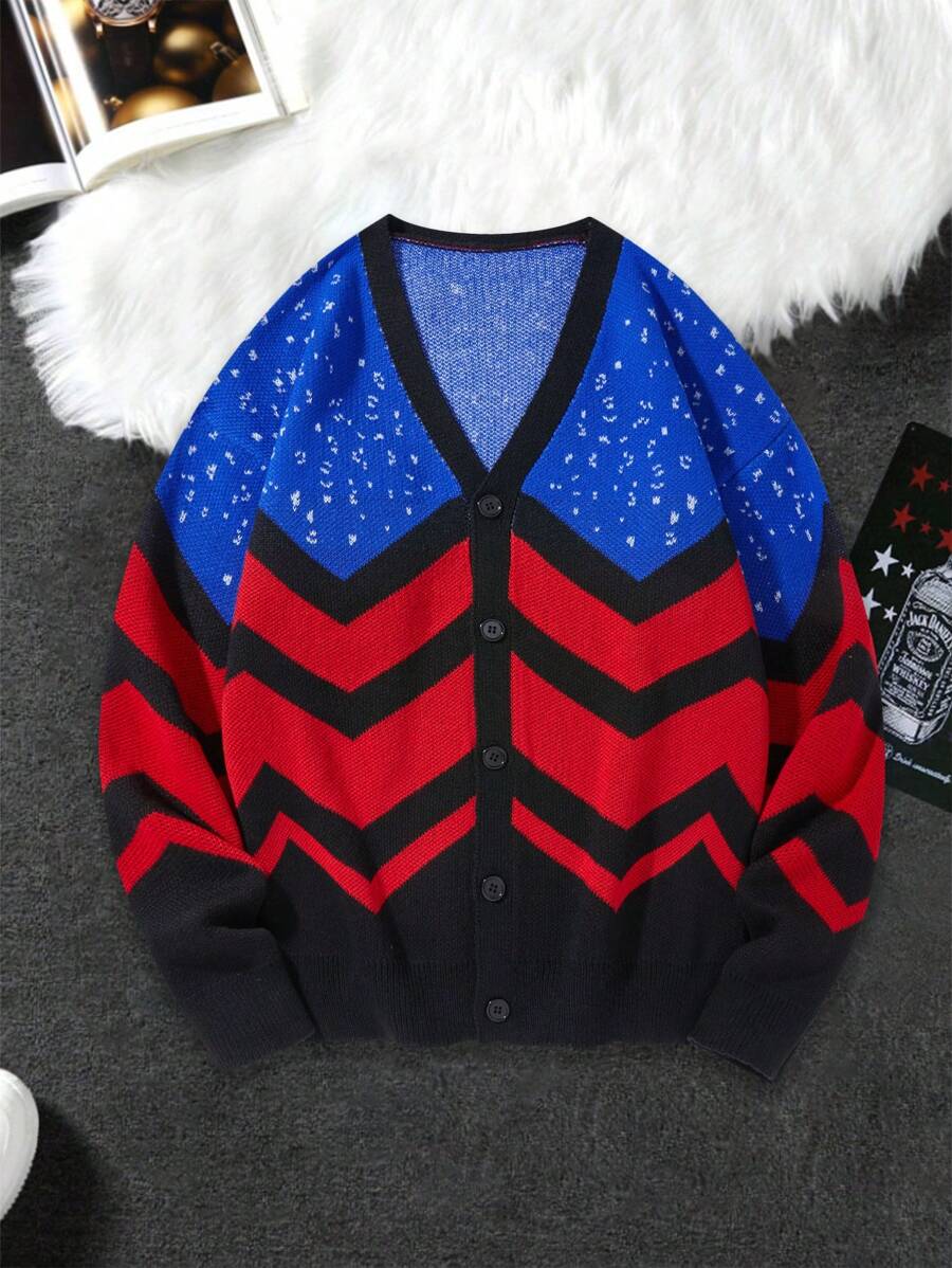 Manfinity Hypemode Men's Autumn Black And Red Wave Striped Long Sleeve Cardigan,Single Breasted Loose Casual Streetwear Holiday Chunky Stripe Oversize Color Block Gifts - Multicolor - View 1