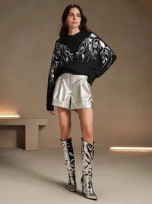 Anewsta Jersey holgado de punto con bordados florales y decoración de lentejuelas para mujeres en otoño/invierno