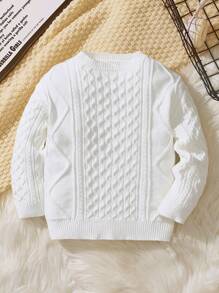 SHEIN Leap Crew Young Boy Twist Texture Round Neck Long Sleeve Sweater, Comfortable And Warm, Suitable For Commute, School, Casual, Street Photography, Party And Outdoor Activities,In Fall/Winter - White - View 1
