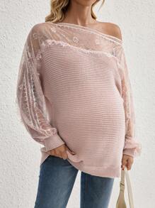 SHEIN 撞色蕾丝船领蝙蝠袖针织套头衫，适合孕妇，冬季