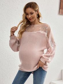 SHEIN 撞色蕾丝船领蝙蝠袖针织套头衫，适合孕妇，冬季