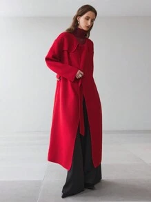 Ontre Women's 2025 Spring New Arrivals Long Round Neck Double-Sided Overcoat, Women Woolen Coat, Double-Faced Fabric Red 50cm Long Fashionable Overcoat, Round Collar Long Sleeve With Real Pockets, Casual Outfit
