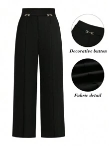 SHEIN Clasi Pantaloni palazzo eleganti, larghi e morbidi, di colore unico, con design a catena in vita, per taglie comode - nero - Visualizzare 1