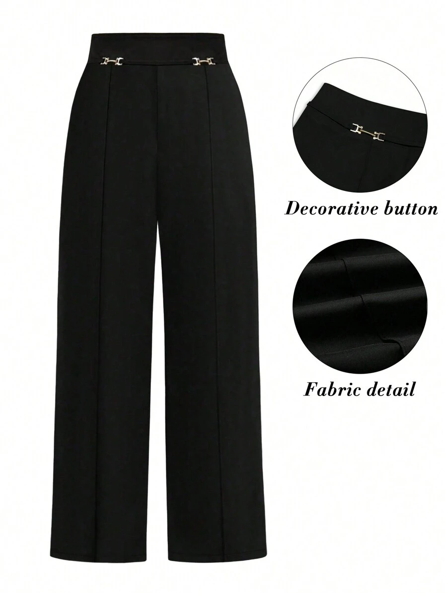 SHEIN Clasi Pantaloni palazzo eleganti, larghi e morbidi, di colore unico, con design a catena in vita, per taglie comode - nero - Visualizzare 1