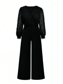 SHEIN Clasi Jumpsuit Kerah Lilit Ukuran Besar, Elegan untuk Pesta - Hitam - View 3