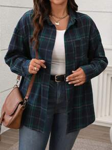 SHEIN LUNE 大码女式格子落肩长袖单排扣休闲衬衫，秋季外出上衣，感恩节女装，新年女装，冬季女装，锐舞派对装 - 綠色 - 查看 3