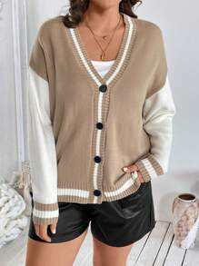 SHEIN Clasi 大码女式条纹装饰口袋开衫毛衣商务休闲女士、工作服、秋季婚礼宾客礼服，适合冬季 - 卡其色 - 查看 5