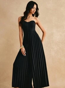 Poéselle Women's Solid Color Pleated Tube Top Elegant Sleeveless Jumpsuit