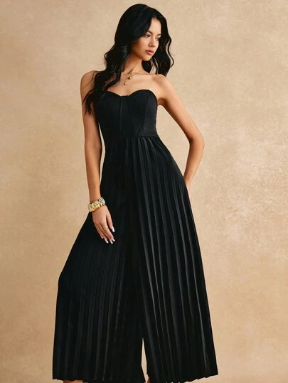 Poéselle 女士纯色褶皱抹胸优雅无袖连体裤