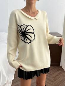 EURMUSE 1 件女士休闲花卉刺绣落肩毛衣，适合秋冬季