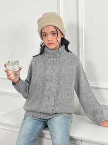 SHEIN Tween Girl Casual Floral Gray High Collar Loose Raglan Sleeve Puff Sleeve Textured Knitted Sweater,In Fall/Winter