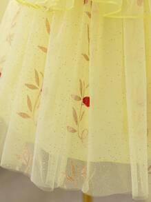 SHEIN Glamorique Kids Christmas Party Wear, Santa Dress, New Year's Dress, Christmas Young Girl Dress, Dresses, Children's Christmas/Halloween Party Dresses, Girls Princess Tulle Dress With Sequin Top, Glitter Skirt, Spaghetti Strap, For European/ Performance COS - Yellow - View 6