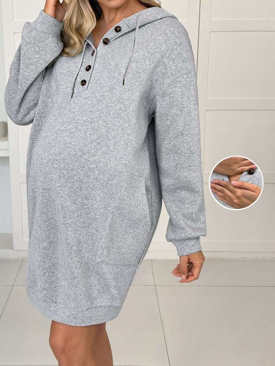SHEIN Front Button Long Sleeve Pocket Design Minimalist Nursing Hoodie Tops, For Maternity - Grey - View 1