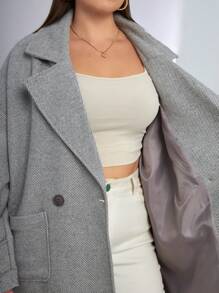 RueChic Plus Size Women's Lapel Neck Drop Shoulder Double Button Overcoat, For Winter - Light Grey - View 6