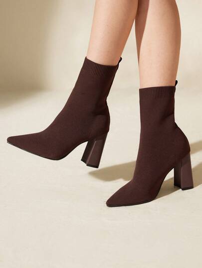 CUCCOO BASICS High-Heeled Pointed Toe Thick Heel Mid-Calf Elastic Knit Boots, Fashionable Dark Coffee, Suitable For Commute, Dates, Parties, Festivals, Vacations For And Vibe And Spring Shoes Spring Break Easter For Christmas