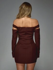MISSGUIDED Tailored Off Shoulder Long Cut-Out Sleeves Bardot Mini Dress - Brown - View 2