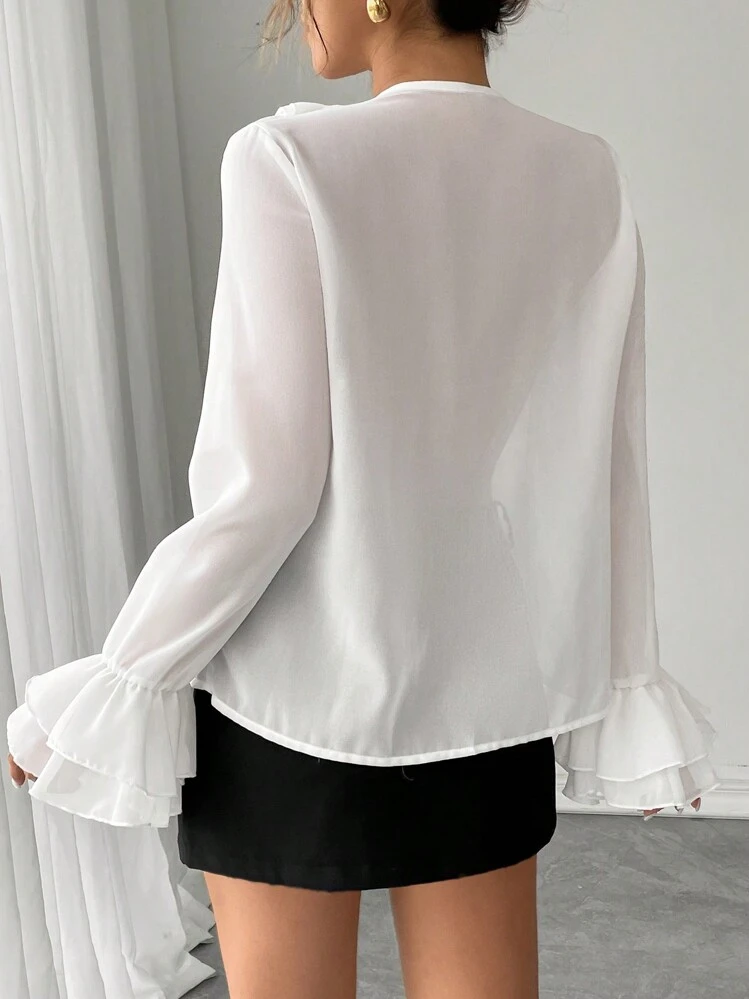 Rafferiza Camisa Casual Solta de Mulher com Mangas de Lanterna, Gola V, Amarração, Cor Sólida Clássica em Chiffon, Outono - Branco - Visão 2