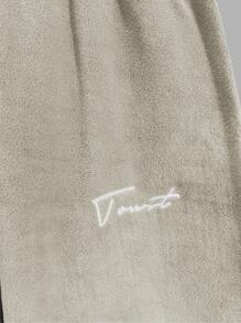 RueChic Men Comfortable Casual Basic Style Embroidered Fleece Loungewear Set - Beige - View 9