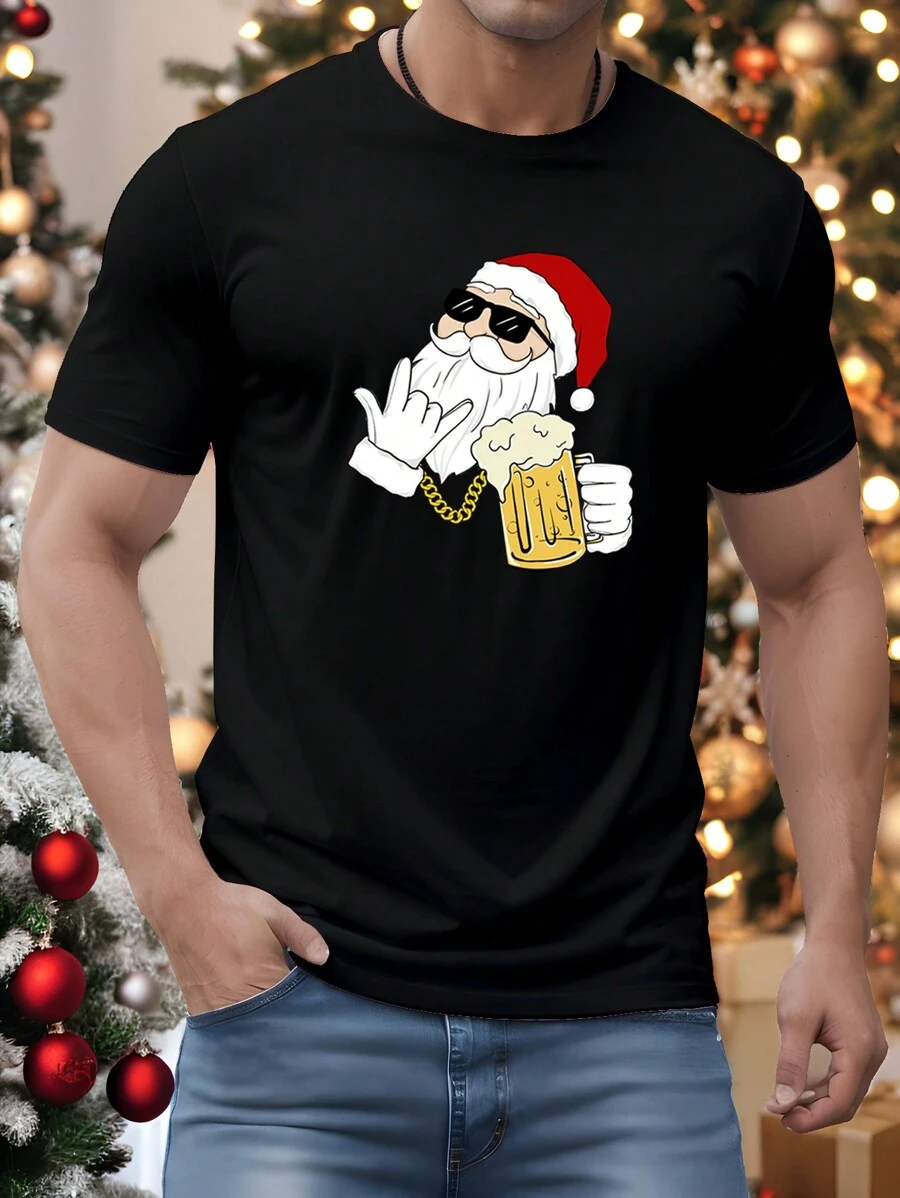 Manfinity Homme Áo thun nam cổ tròn in hình ông già Noel bia Manfinity Christmas Santa Claus cỡ lớn thường ngày - màu đen - Xem 1