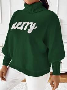 Celure Plus Size Women High Neck Batwing Sleeve Letter Pattern Casual Pullover Sweater, Autumn/Winter Knit Pullover Fall Outfit