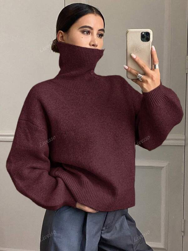 Livesso New Ladies' Loose Casual Solid Color Sweater, Autumn,Three Quarter Sleeve Tops