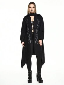ROMWE Gothic Snake Skin Floral Embroidered Asymmetrical Hem Women Hooded Scarf Cloak Jacket - Black - View 4
