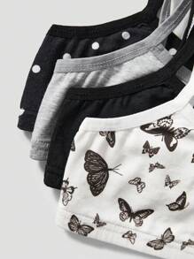 SHEIN 4 件套 Tween 女童简约舒适复古蝴蝶和波尔卡圆点图案柔软亲肤儿童/学生内衣套装