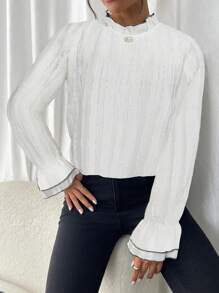 Chiquease Women Contrast Trim Stand Collar Long Sleeve Casual Top, Daily Wear Fall Cloth For Women - White - View 4