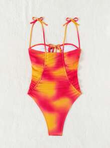 1pc Tie-Dye Printed Removable Clip V-Neck One-Piece Swimsuit, Vacation Style Summer - Multicolor - View 5