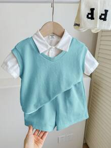 SHEIN 3 件套男婴休闲装套装：蓝白圆领无袖背心、翻领短袖开衫、短裤，适合上学、户外、居家，百搭时尚 - 藍色 - 查看 8