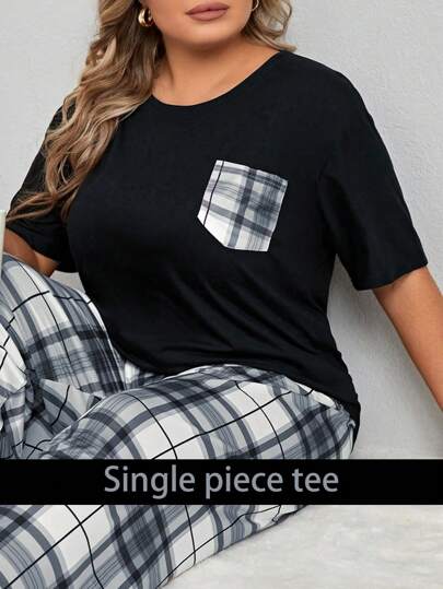Plus Plaid Print Pocket Patched Drop Shoulder Pajama Sleep Tee