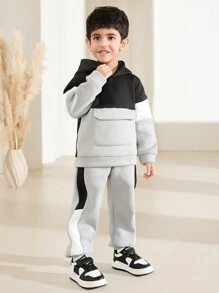 SHEIN Bộ 2 áo hoodie và quần túi màu tương phản cho bé trai thường ngày - Nhiều màu - Xem 7