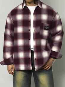 DAZY Men's Plaid Pattern Print Pocket Patched Casual Long Sleeve Shirt,Fall Clothes