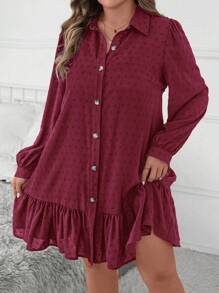 SHEIN Clasi 大码女式秋季提花灯笼袖衬衫罩衫连衣裙/返校连衣裙、教师连衣裙 - 酒紅色 - 查看 3