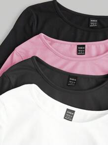 SHEIN EZwear 多色针织女式秋季圆领长袖褶皱修身 T 恤 - 粉色 - 查看 7