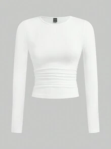 SHEIN EZwear 多色针织女式秋季圆领长袖褶皱修身 T 恤 - 粉色 - 查看 5