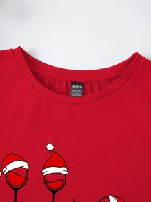 SHEIN LUNE Áo thun nữ tay ngắn cổ tròn họa tiết ly rượu vang đỏ Giáng sinh, phù hợp cho mùa hè, quà tặng - Đỏ - Xem 4