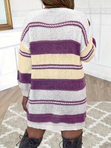 Calvaya Plus Size Casual Colorblock Striped Drop Shoulder Sweater, Autumn/Winter Knit Pullover Fall - Purple - View 2