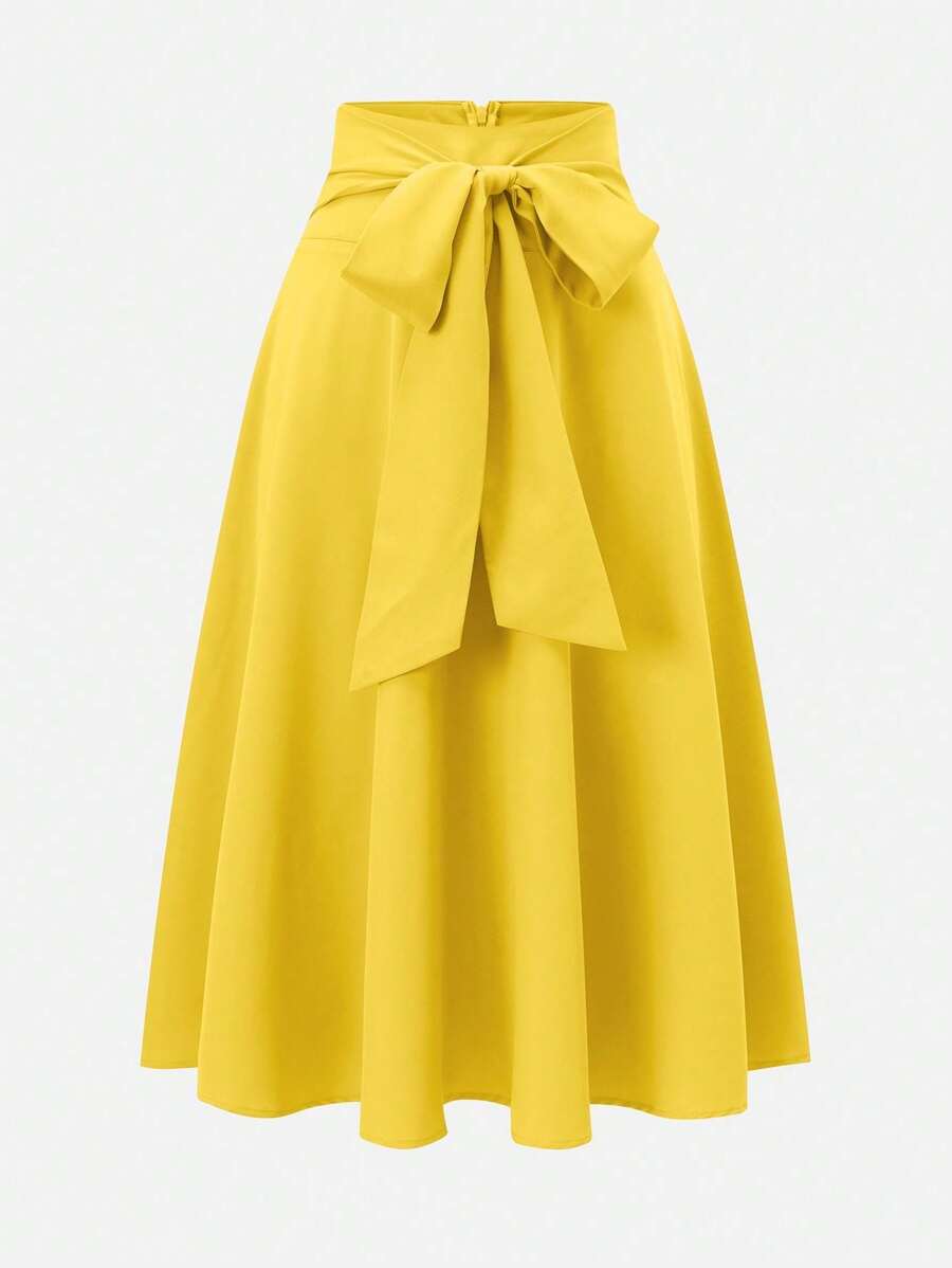 Olithes Women's Summer Casual Solid Color Belted Waist Yellow Skirt - Yellow - View 1