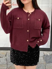 Dazy Plus Plus Size Front Button Crew Neck Fitted Burgundy Cardigan Fall,Winter - Burgundy - View 7