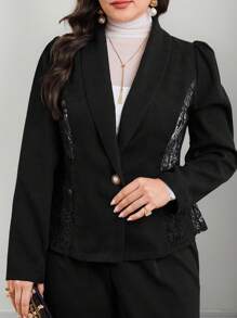 Modelyn Plus Size Solid Color Button Front Long Sleeve Lace Patchwork Casual Outerwear - Black - View 1