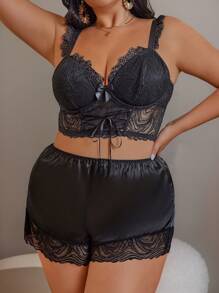 2pcs/Set Plus Size Women Fashion Lace Patchwork Lingerie Bra And Panty Set With Metal Rim - Black - View 5