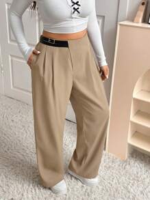 SHEIN EZwear 大码女式高腰系带不对称腰线直筒裤，秋冬款 - 巧克力棕 - 查看 1